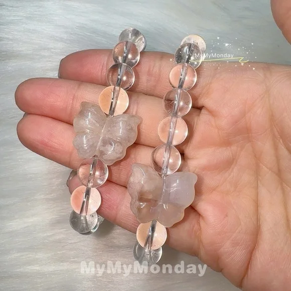 Clear Quartz with Butterfly Cherry Blossom Agate Bracelet 9mm - Picture 3 of 10